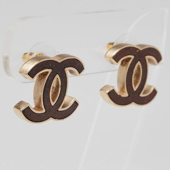 Chanel Goldtone Metal Leather CC Stud Earrings - Picture 2 of 3